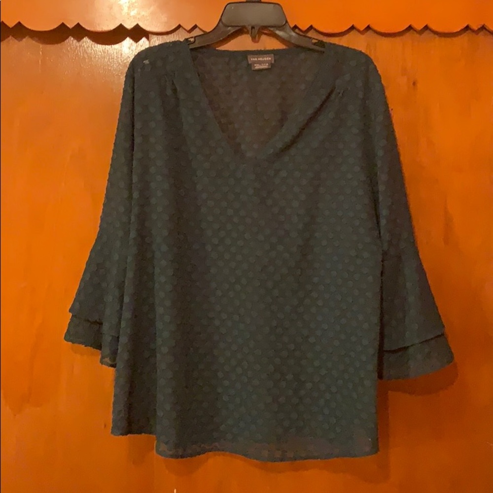 See-through teal green three quarter sleeve top.